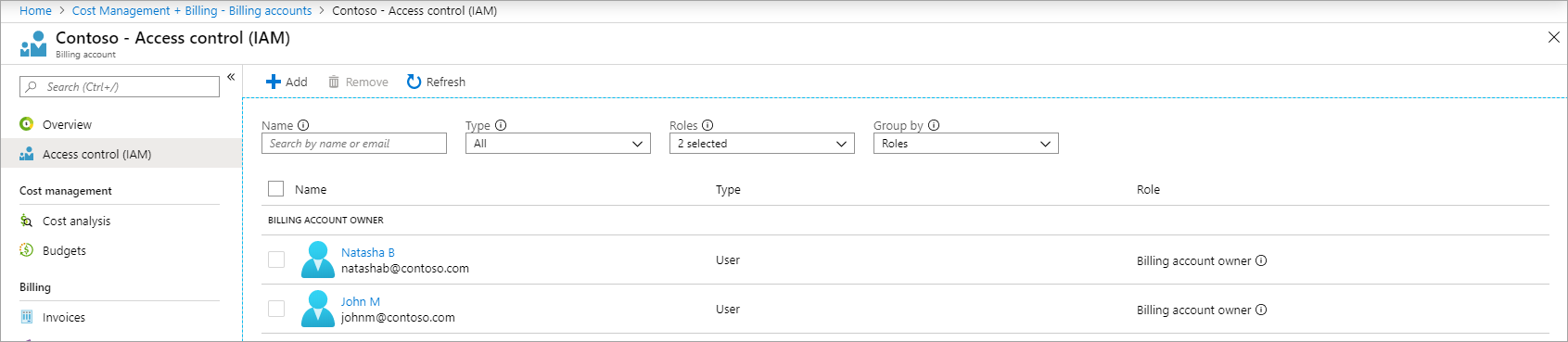 Captura de pantalla que muestra el acceso de los administradores de Enterprise enumerados como propietarios de la cuenta de facturación después de la transición.