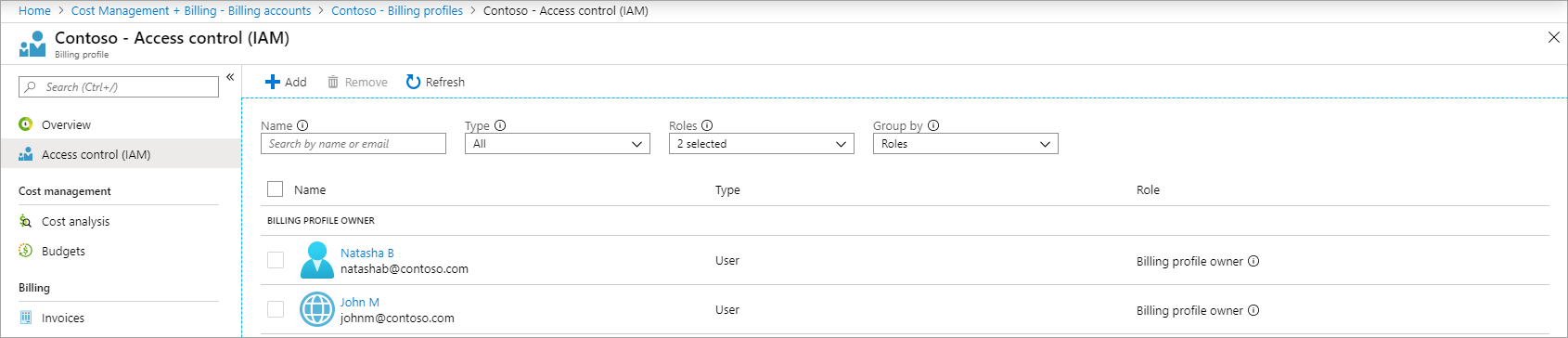 Captura de pantalla que muestra el acceso de los administradores de Enterprise que se enumeran como propietarios del perfil de facturación después de la transición.