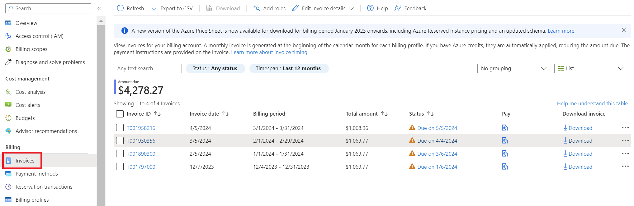 Captura de pantalla que muestra la página facturas de una cuenta de facturación de M C A.