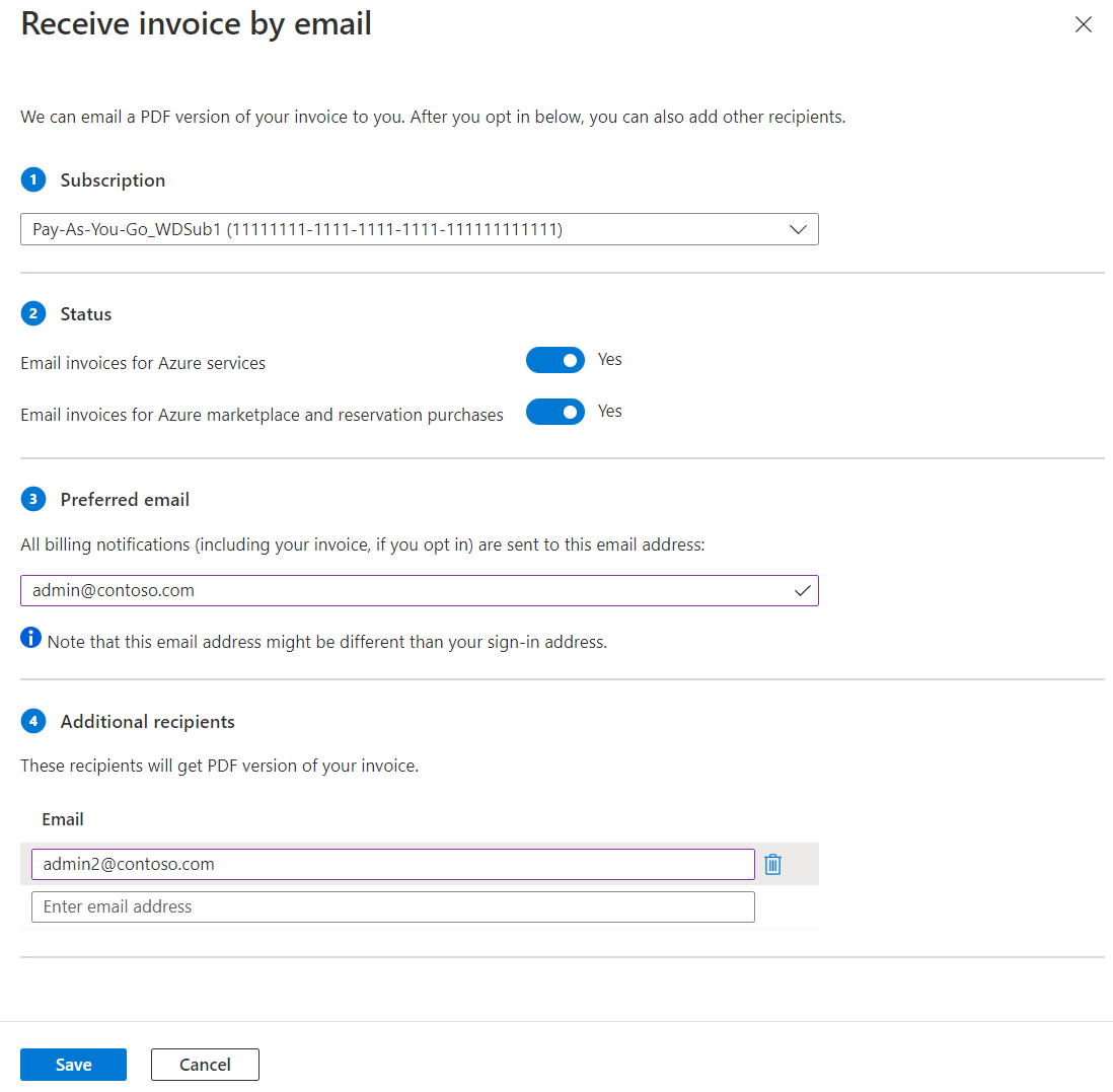 Captura de pantalla que muestra la página Recibir factura por correo electrónico.