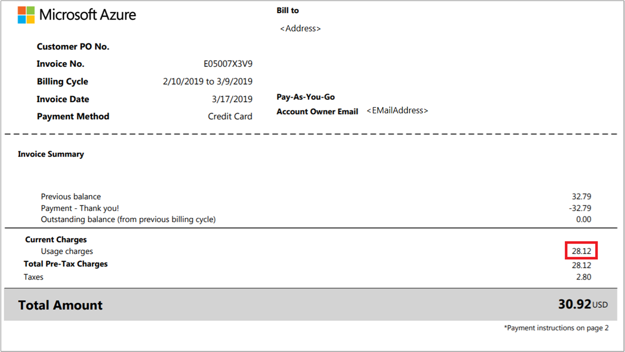 Captura de pantalla que muestra un ejemplo de factura de Azure.