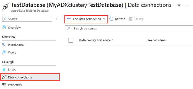 Captura de pantalla de la página conexiones de datos. La opción para agregar una conexión de datos está resaltada.