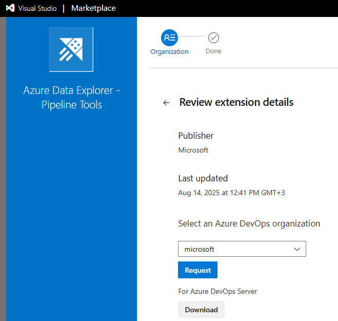 Recorte de pantalla de la instalación de la extensión de las Herramientas de canalización desde Visual Studio Marketplace.