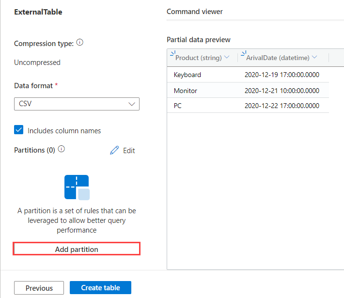 Captura de pantalla del archivo de vistas de la tabla externa en Azure Data Explorer.