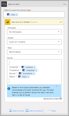Captura de pantalla de la acción de Power&nbsp;BI para cada fila.