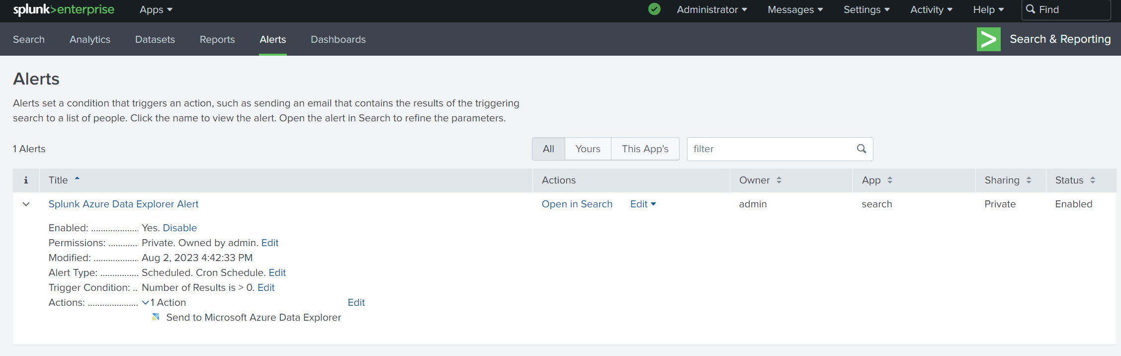 Recorte de pantalla de la página crear alertas que muestra el complemento de Azure Data Explorer.