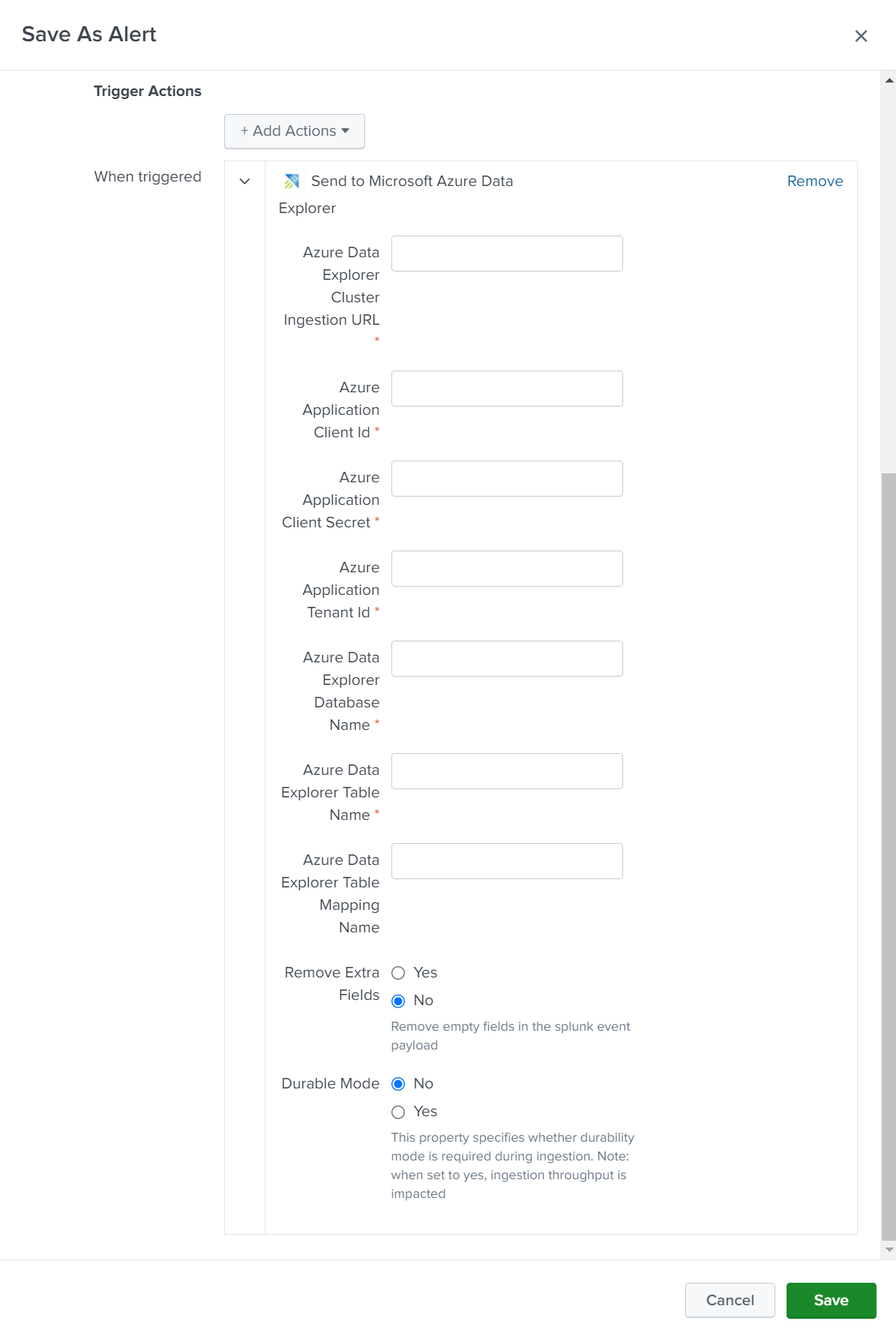 Recorte de pantalla del cuadro de diálogo crear alerta que muestra la configuración de conexión del complemento de Azure Data Explorer.