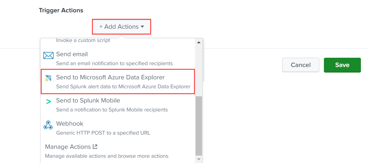 Recorte de pantalla del cuadro de diálogo crear alerta que muestra la acción del desencadenador de complemento de Azure Data Explorer.