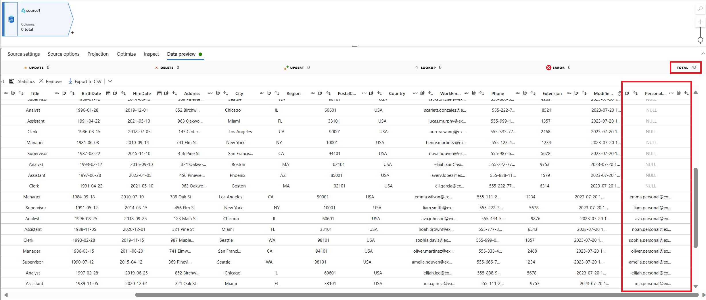 Captura de pantalla de un fichero Delta con un cambio de esquema.