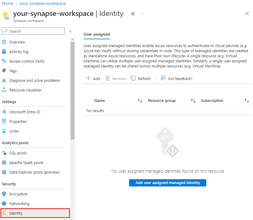 Screenshot que muestra cómo usar Azure portal para asociar una identidad administrada asignada por el usuario.