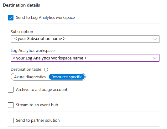 Captura de pantalla que muestra la selección del área de trabajo de Log Analytics como destino para los registros de diagnóstico.