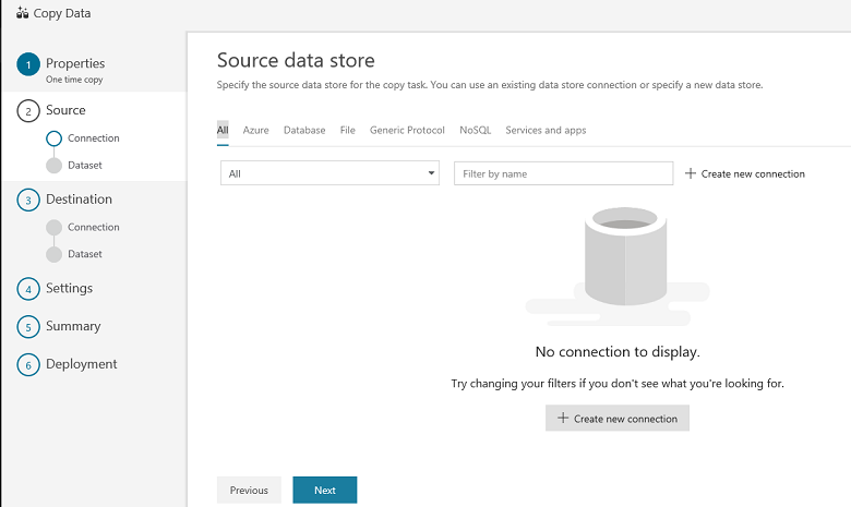 Página Source data store (Almacén de datos de origen)