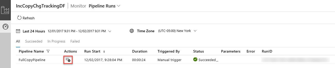 Captura de pantalla que muestra las ejecuciones de canalización para una factoría de datos.