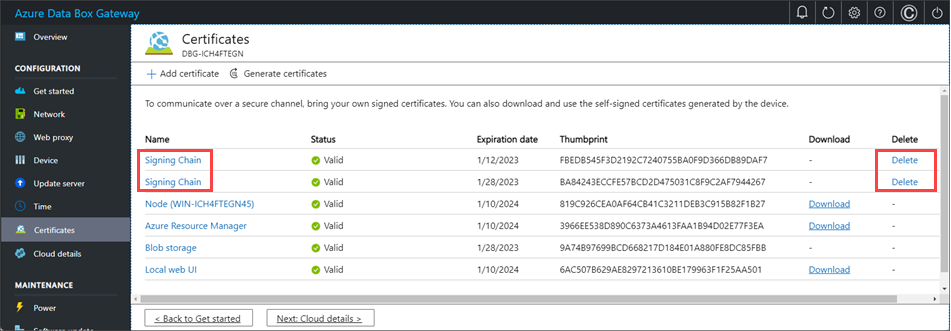 Screenshot of the Certificates blade of the local Web UI of an Azure Stack Edge device. The Delete option for the signing certificates is highlighted.