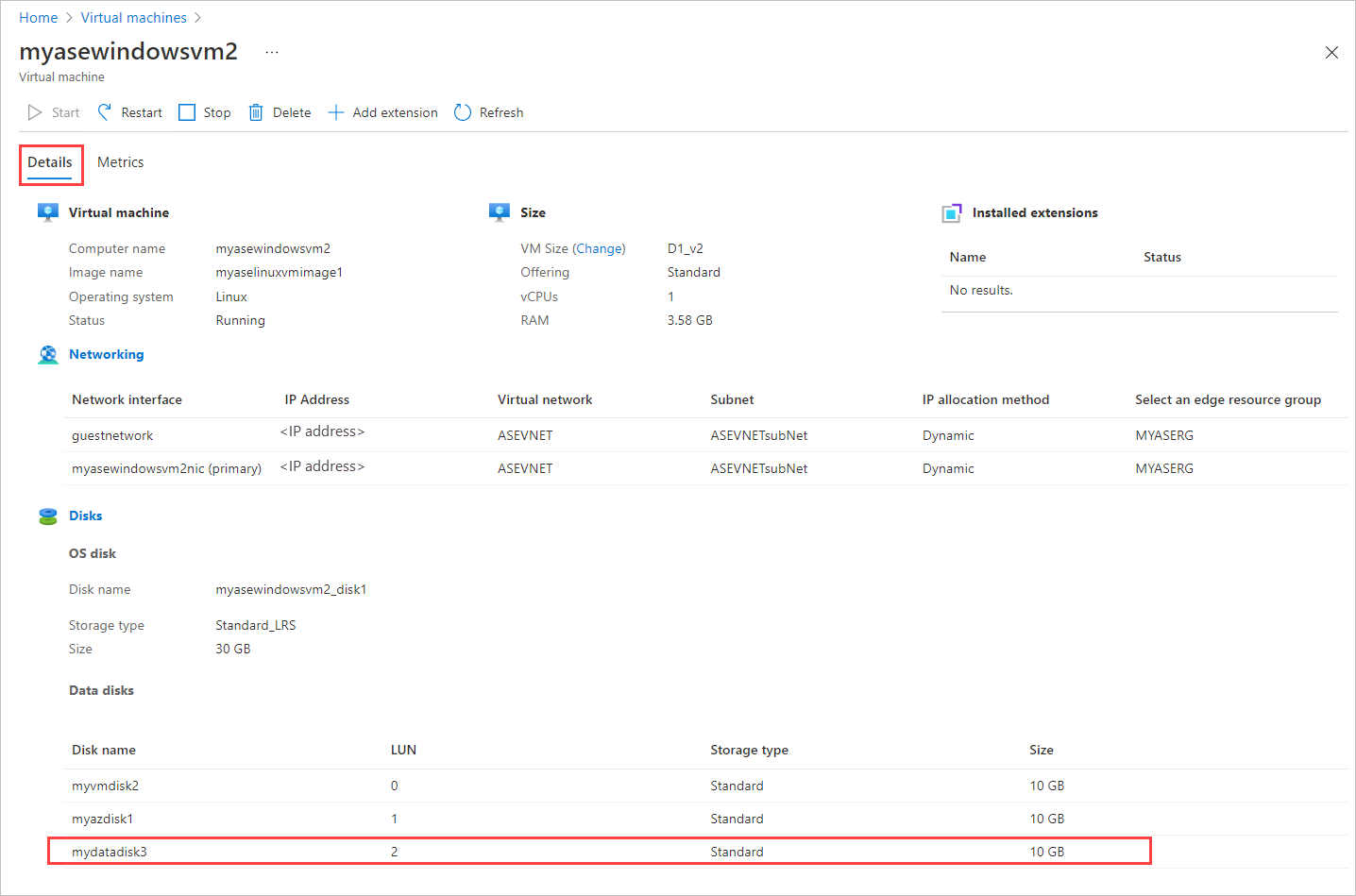 Captura de pantalla de la pestaña Detalles de una máquina virtual. Un disco de máquina virtual recién creado está resaltado en el área Discos.