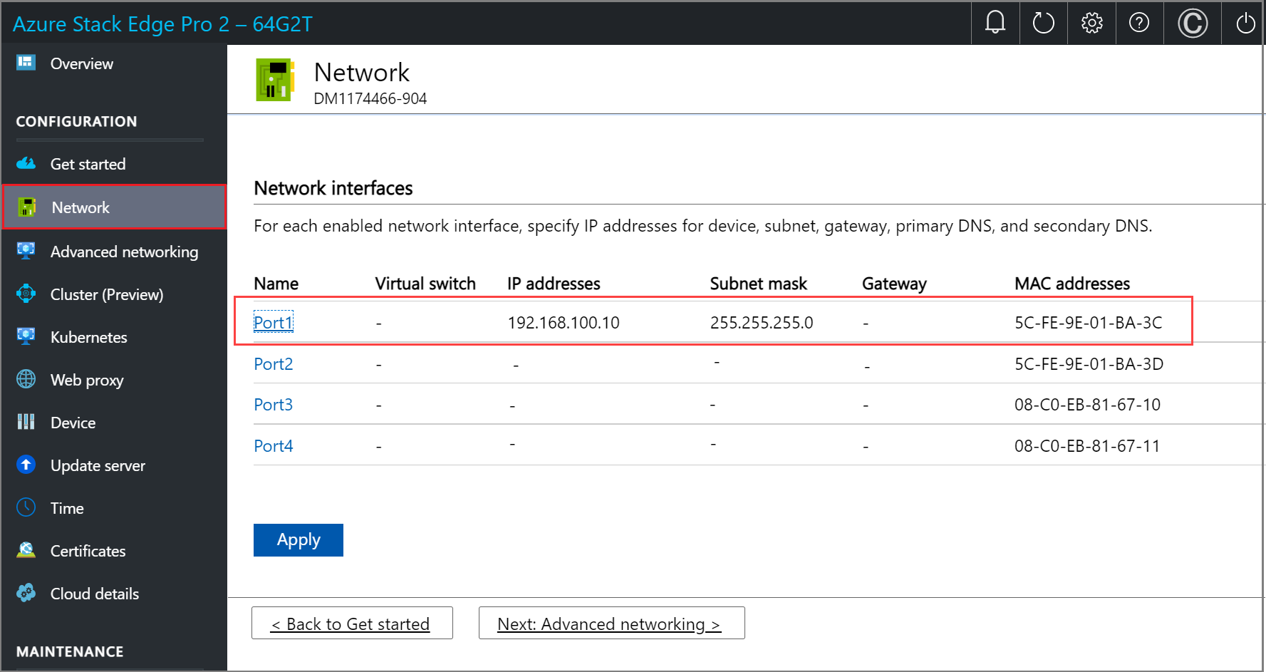 Captura de pantalla de la página Red en la interfaz web local de un dispositivo Azure Stack Edge cuya red no está configurada.