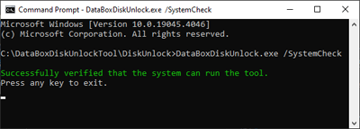 Captura de pantalla que muestra los resultados de una comprobación correcta del sistema mediante la herramienta de desbloqueo de Data Box Disk.