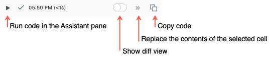 Iconos en la parte superior del cuadro de código del panel Asistente.