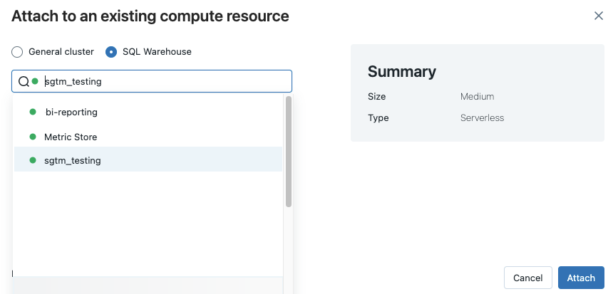 Diálogo de más clústeres con SQL Warehouse (Almacenamiento SQL) seleccionado