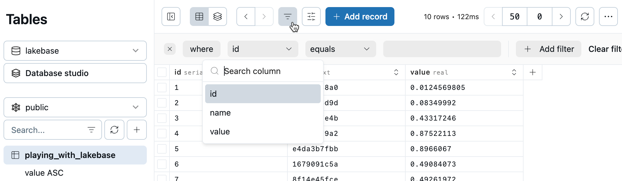 Alternancia de columnas del editor de tablas de Lakebase