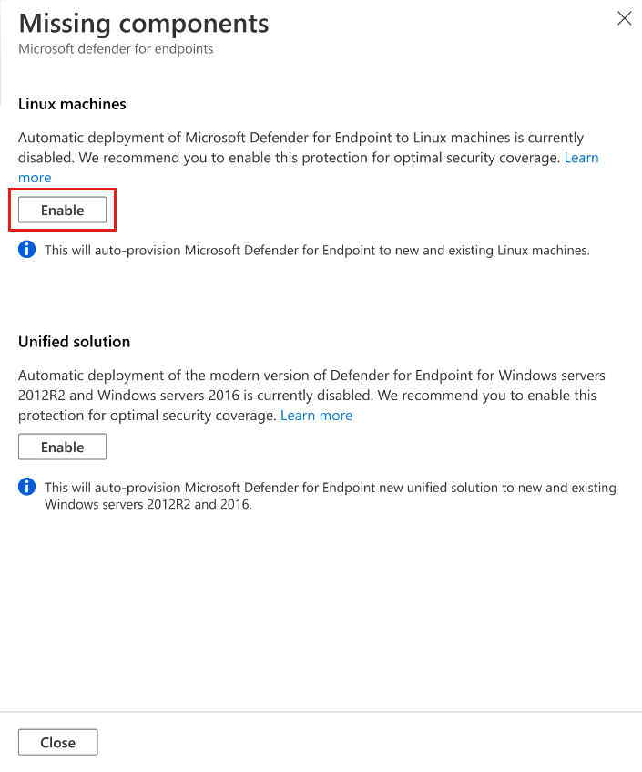 Captura de pantalla de habilitación de la integración entre Defender for Cloud y la solución de EDR de Microsoft, Microsoft Defender para punto de conexión para Linux.