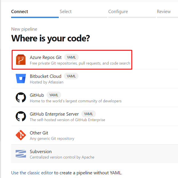 Captura de pantalla en la que se muestra dónde navegar, para seleccionar Git del repositorio de Azure.
