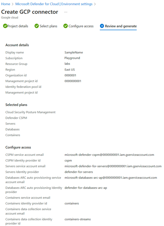 Captura de pantalla de la revisión y generación de la pantalla con todas las selecciones enumeradas.