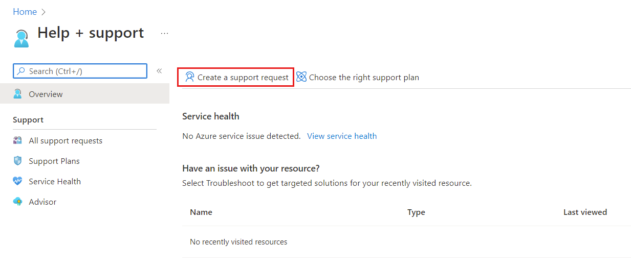 Captura de pantalla de las selecciones para crear una solicitud de soporte técnico en Azure Portal.