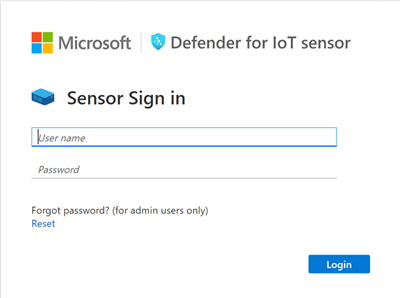 Captura de pantalla de una página de inicio de sesión del sensor de Defender para IoT.