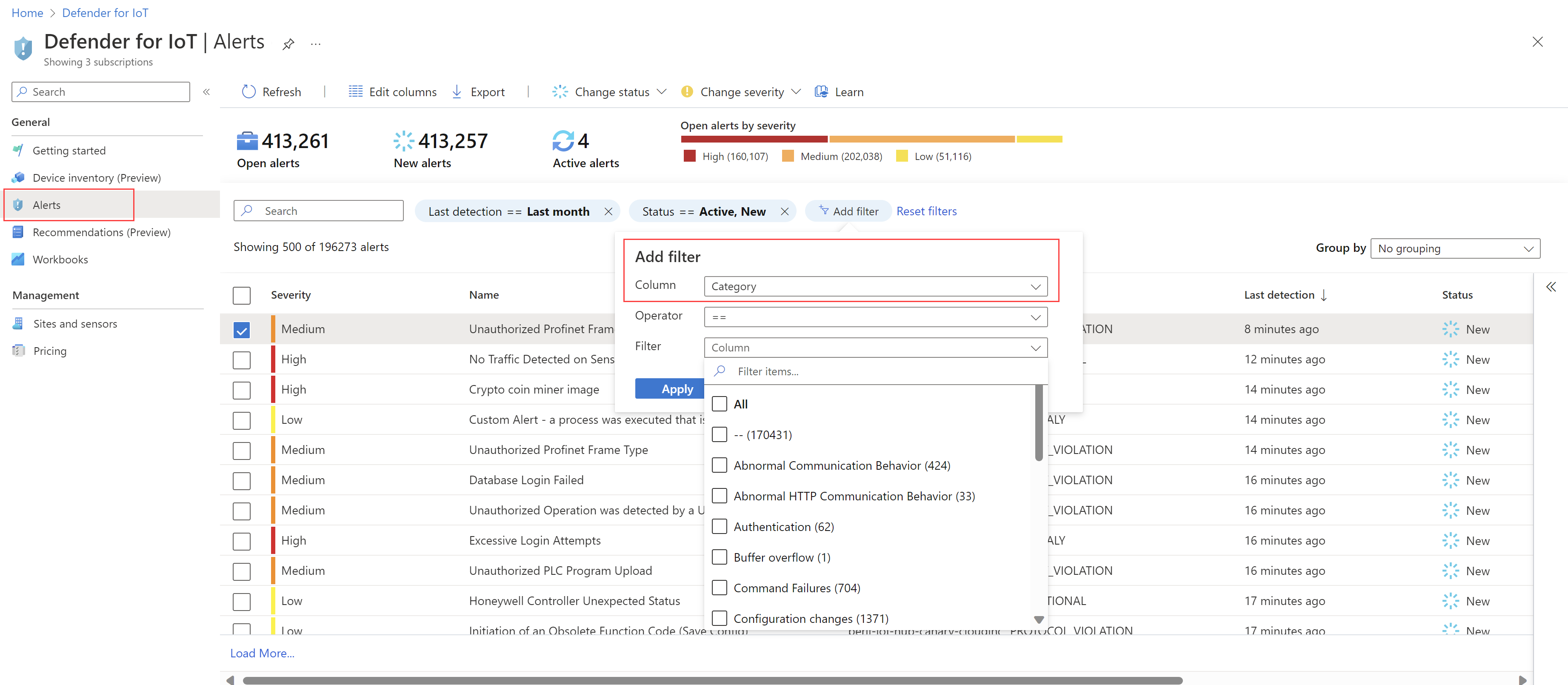 Captura de pantalla de la opción de filtro de categoría en la página de alertas del Azure Portal.