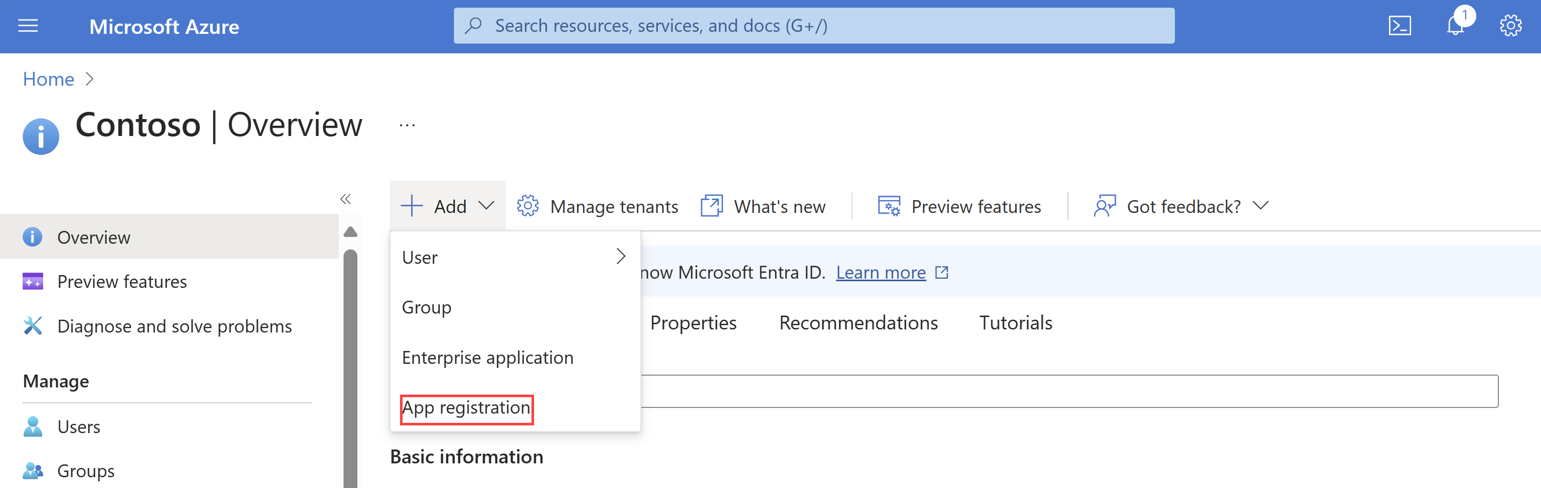 Captura de pantalla que muestra cómo agregar un nuevo registro de aplicaciones en la página Información general de Microsoft Entra ID.