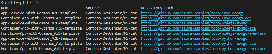 Captura de pantalla del terminal para desarrolladores de Azure en la que se muestran las plantillas disponibles.