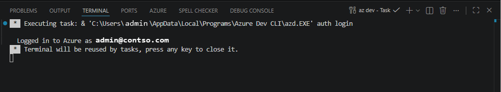 Captura de pantalla del terminal para desarrolladores de AZD en la que se muestra el mensaje pulse cualquier tecla para cerrar.