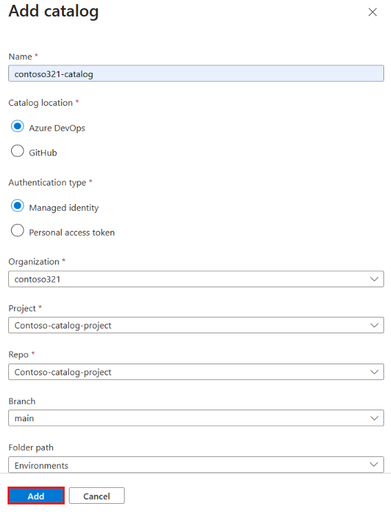 Captura de pantalla en la que se muestra el panel Agregar catálogo con entradas de ejemplos y la opción Agregar resaltadas.