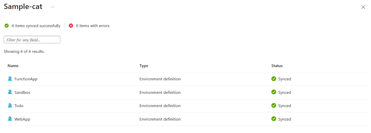 Captura de pantalla que muestra los elementos del catálogo sincronizados correctamente desde el catálogo adjunto.