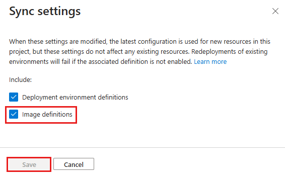 Captura de pantalla del panel configuración de sincronización en Azure Portal, con la casilla de definiciones de imagen resaltadas.