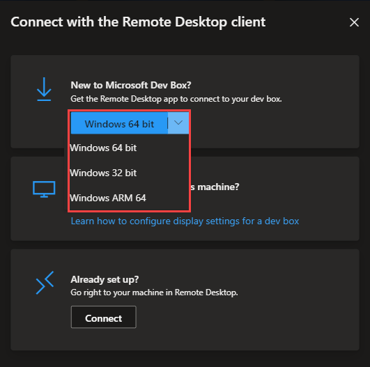 Captura de pantalla que muestra cómo seleccionar la configuración de la plataforma para el cliente de Escritorio remoto de Windows.