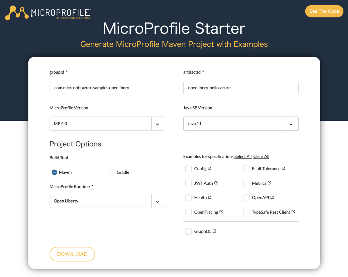 Captura de pantalla que muestra MicroProfile Starter con open Liberty runtime seleccionado.