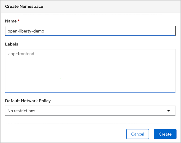 Captura de pantalla de la consola web de OpenShift que muestra el cuadro de diálogo Crear espacio de nombres.