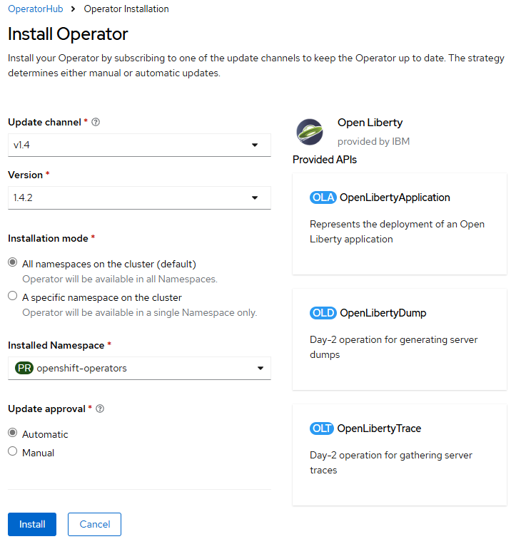 Captura de pantalla de la consola web de OpenShift que muestra la página Instalar operador.