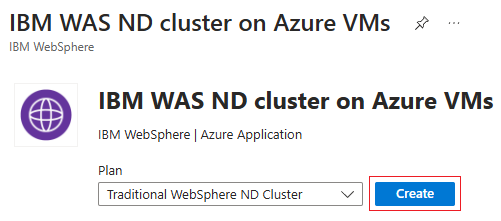 Captura de pantalla de Azure Portal que muestra el clúster de IBM WAS ND en la oferta de máquinas virtuales de Azure.