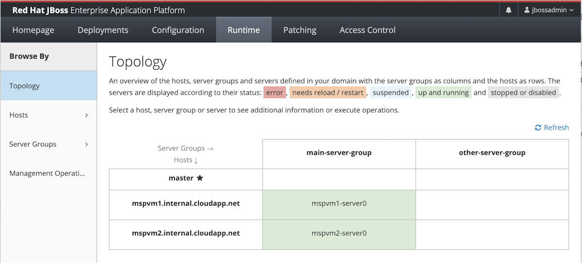 Captura de pantalla de Red Hat JBoss Enterprise Application Platform, donde se ve la pestaña Runtime (Tiempo de ejecución) y el panel Topology (Topología) con todos los hosts.