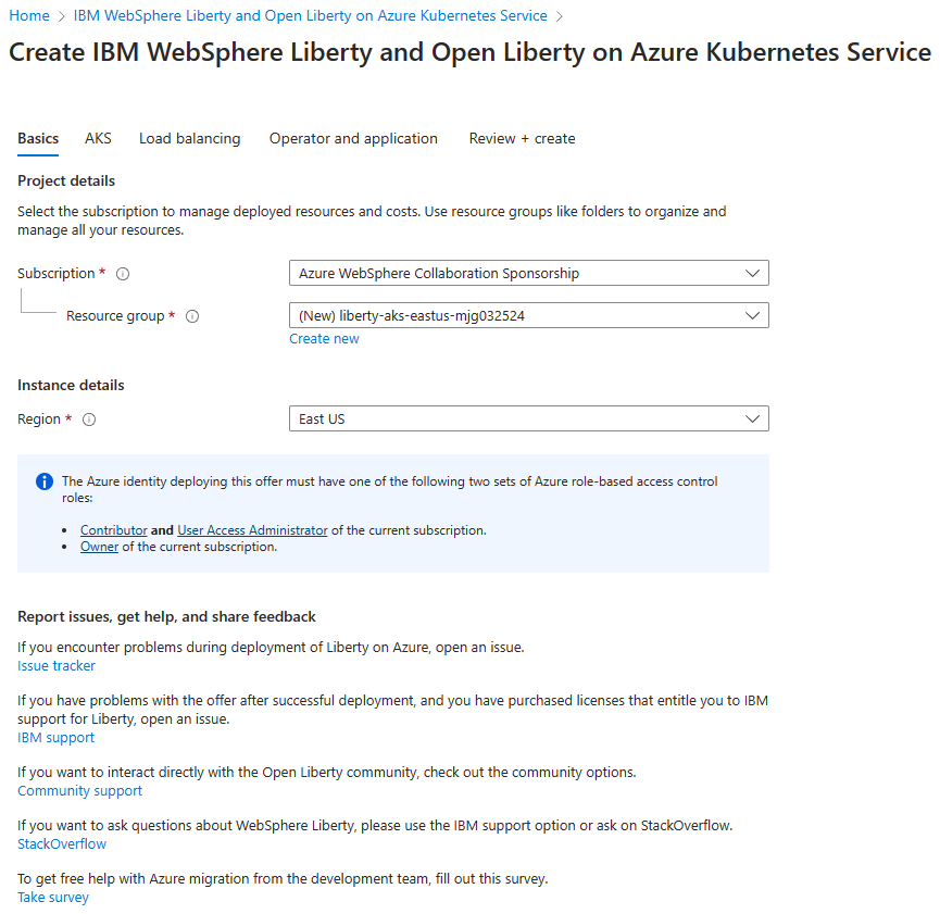 Captura de pantalla de Azure Portal que muestra el panel IBM WebSphere Liberty y Open Liberty en el panel de aspectos básicos de Azure Kubernetes Service.