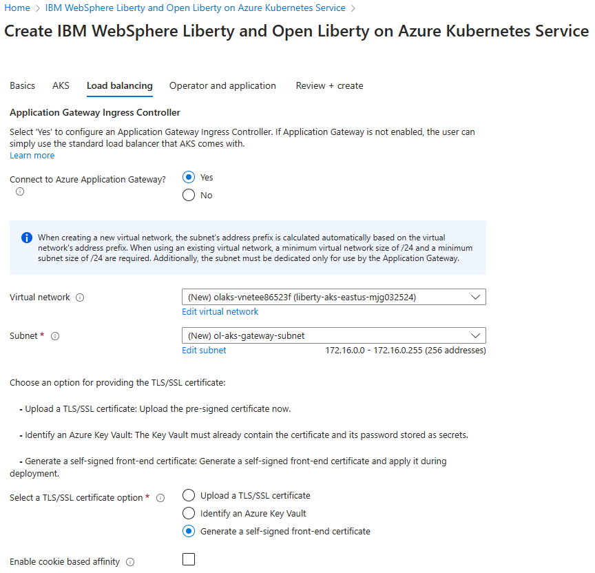 Captura de pantalla de Azure Portal que muestra el panel IBM WebSphere Liberty y Open Liberty en el panel Equilibrio de carga de Azure Kubernetes Service.