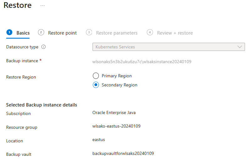 Captura de pantalla de Azure Portal que muestra el panel Aspectos básicos de restauración.