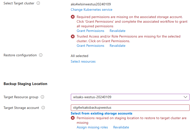 Captura de pantalla de Azure Portal que muestra el panel Parámetro de restauración.