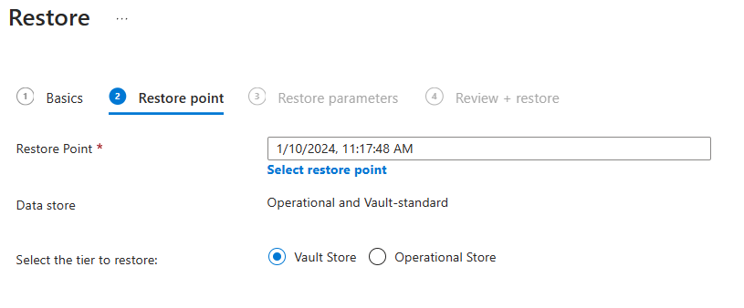 Captura de pantalla de Azure Portal que muestra el panel Punto de restauración.