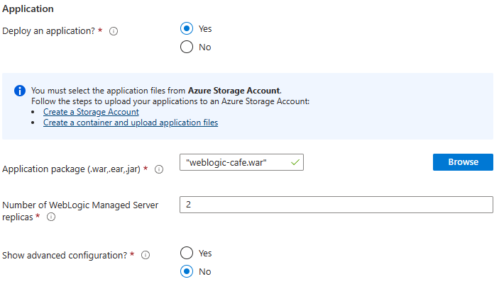 Captura de pantalla de Azure Portal que muestra el panel Oracle WebLogic Server en AKS - Selección de aplicación.