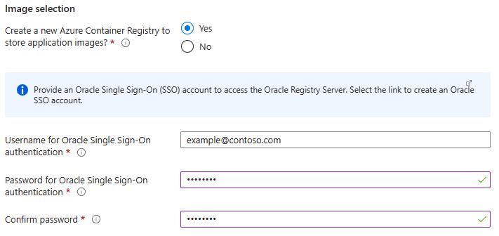 Captura de pantalla de Azure Portal que muestra el panel Oracle WebLogic Server en AKS - Selección de imagen.