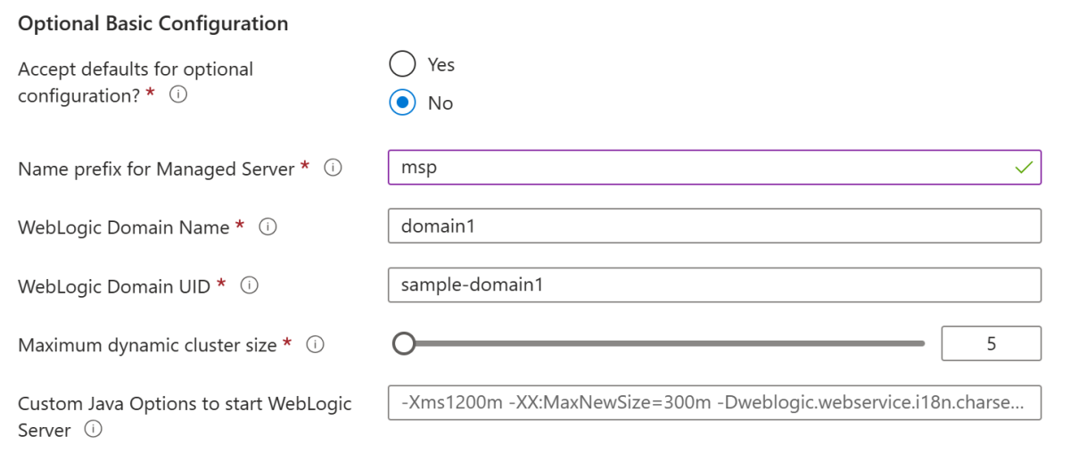 Captura de pantalla de Azure Portal que muestra el panel Aspectos básicos de Oracle WebLogic Server en AKS con la configuración básica opcional.